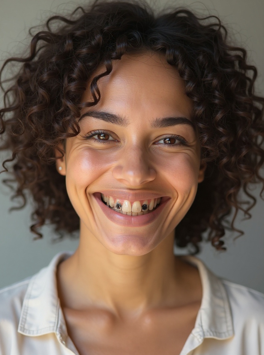 Antes — sonrisa con dientes torcidos, amarillentos y pieza partida